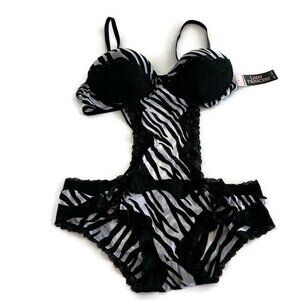 NWT Lady Princess Zebra Lace Spaghetti Strap Bodysuit Pushup Bra M 6 Black White